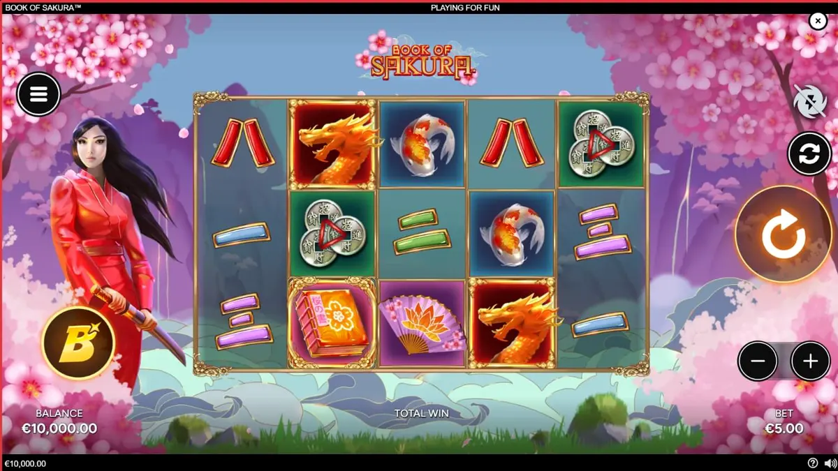Heroína guerreira em um cenário de flores de cerejeira no slot Book of Sakura