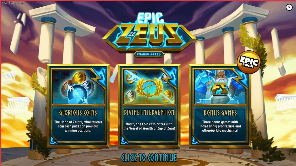 Tela de jogo do slot Epic Ze Zeus com Zeus e elementos de tempestade