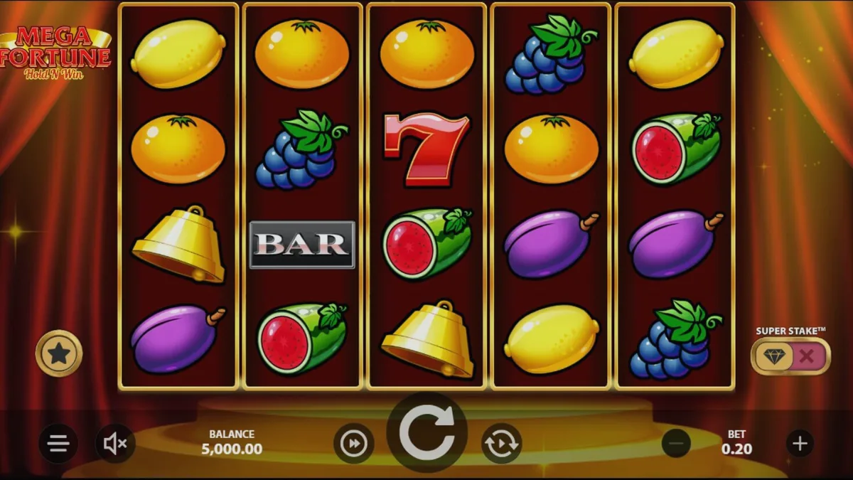 Interface de jogo do caça-níqueis Mega Fortune Hold ‘n’ Win com símbolos clássicos de frutas e moedas.