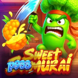 O personagem Broccoli Samurai realizando um corte em símbolos de frutas no slot Sweet Samurai